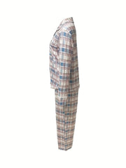Plaid Print Button Up Shirt & Pants Pajama Set