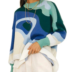 Abstract Print Long Sleeve Mock Neck Sweater