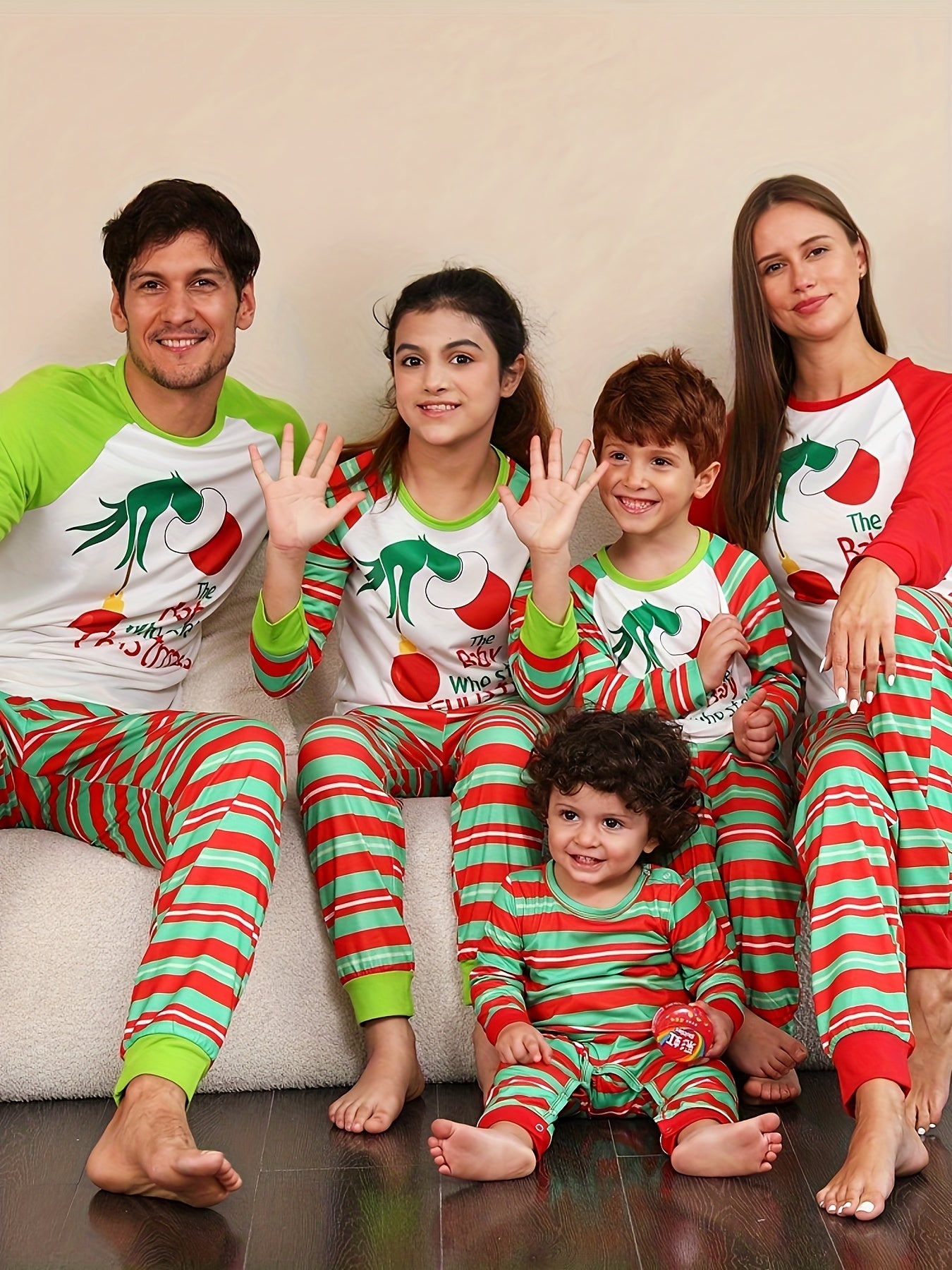 Print Christmas Pajama Set Long Sleeve Top & Striped Pants Women's Sleepwear