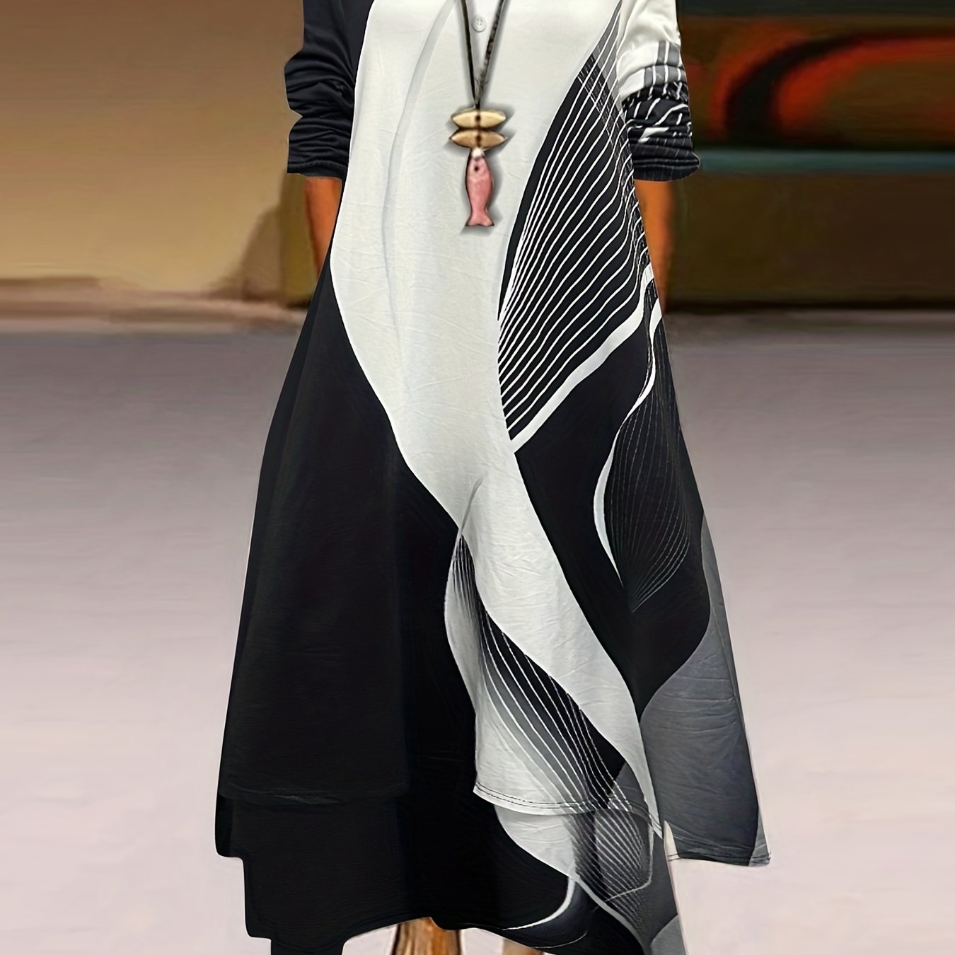 Stripe Print Long Sleeve Maxi Dress with Pockets