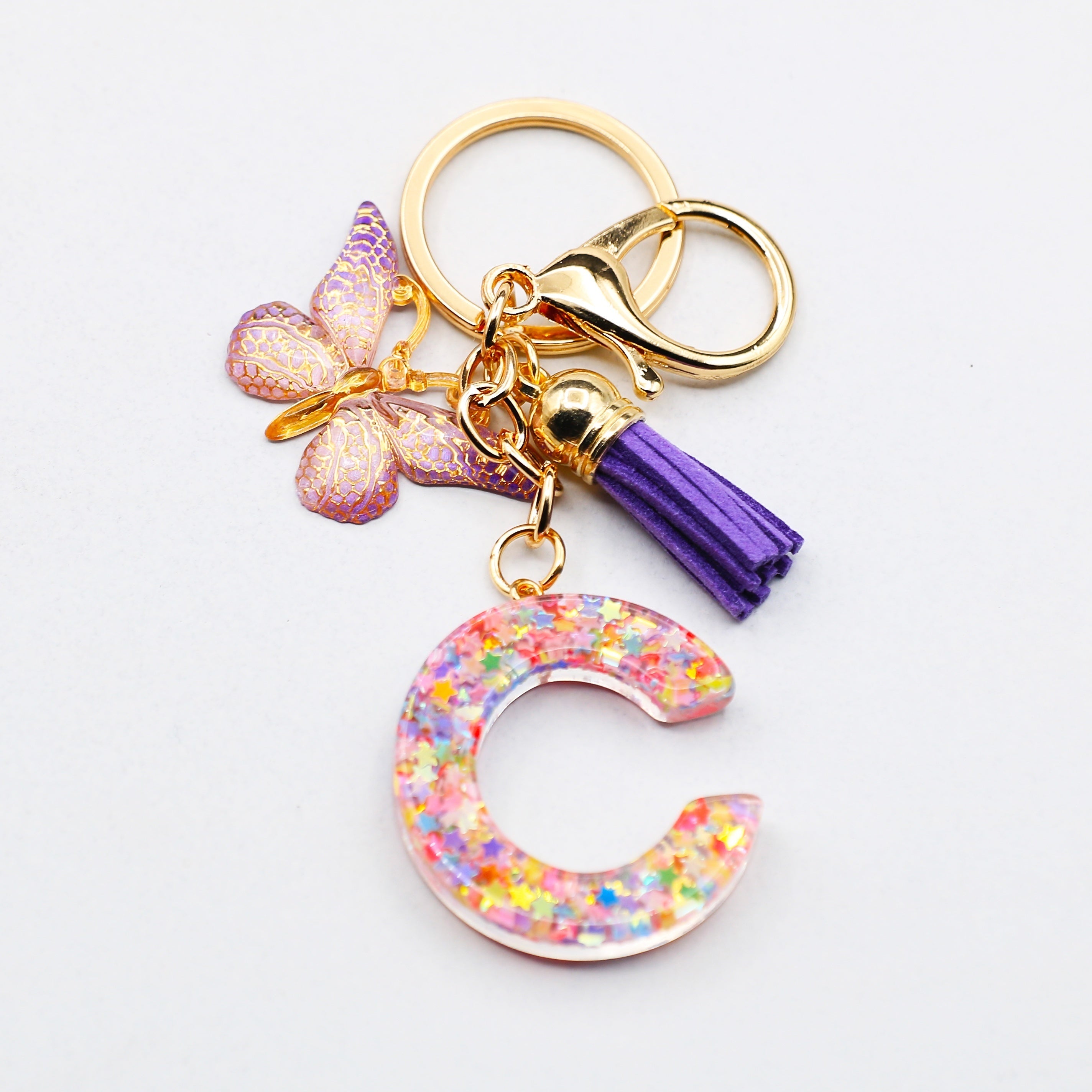 Resin Initial Letter Keychain with Butterfly and Tassel