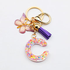 Resin Initial Letter Keychain with Butterfly and Tassel