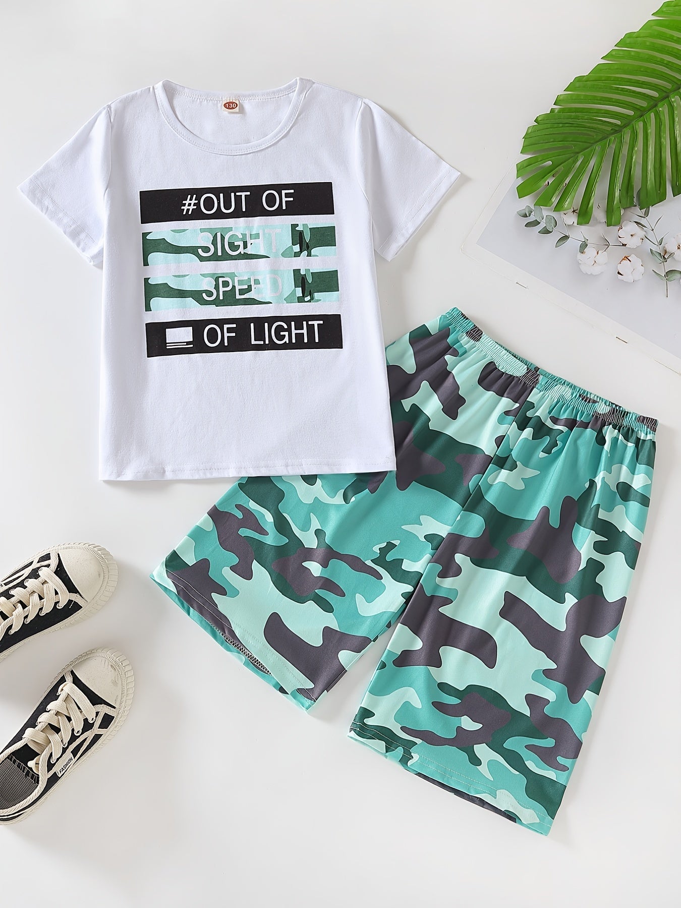 Boys Slogan Print T Shirts & Camo Shorts Set Kids Summer Clothes