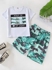 Boys Slogan Print T Shirts & Camo Shorts Set Kids Summer Clothes