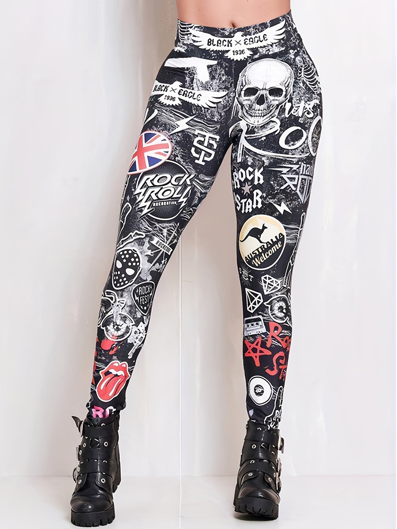 Gothic Leggings Allover Skull Print High Rise Stretch Skinny