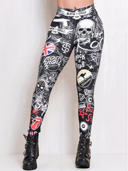 Gothic Leggings Allover Skull Print High Rise Stretch Skinny