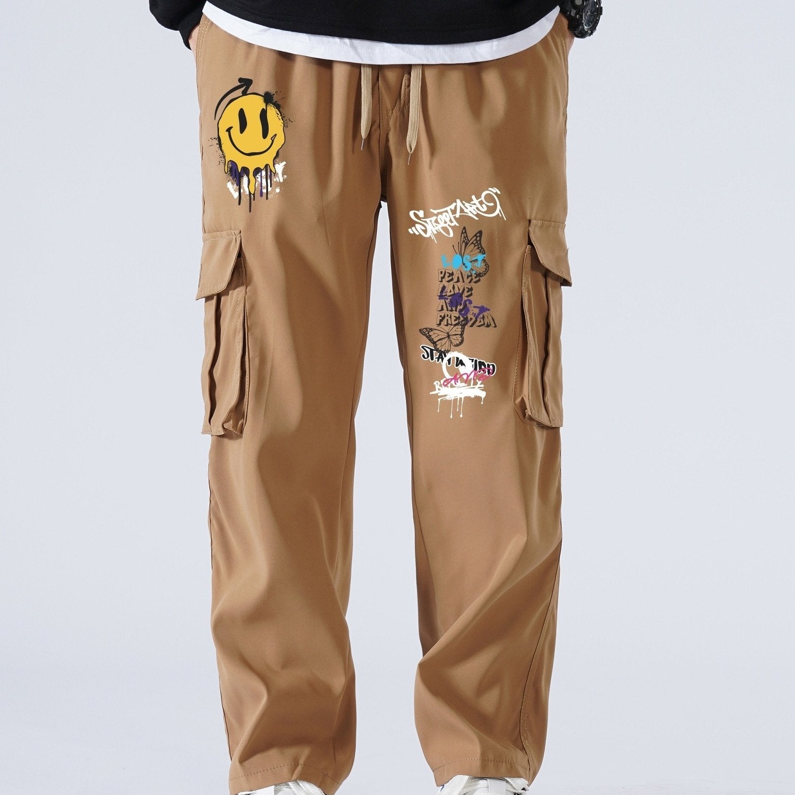 Smiling Face And Butterfly Men's Casual Cargo Pants For Spring And Fall