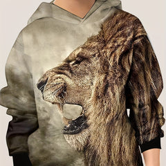 3D Lion Head Print Kid's Hoodie Unisex Pullover Casual Hooded Top