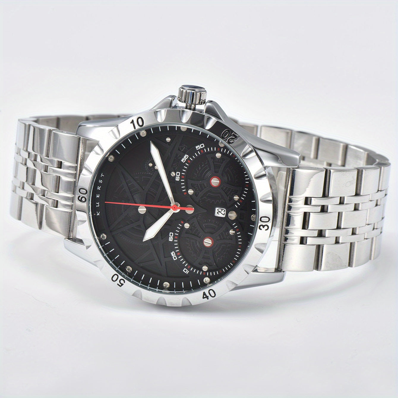 KUERST Men's Steel Strap Automatic Mechanical Watch Waterproof 3D Dial Calendar
