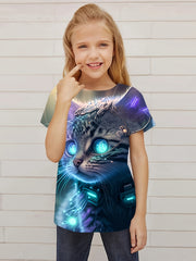 3D Cat In Hat Graphic Short Sleeve T shirt for Girls