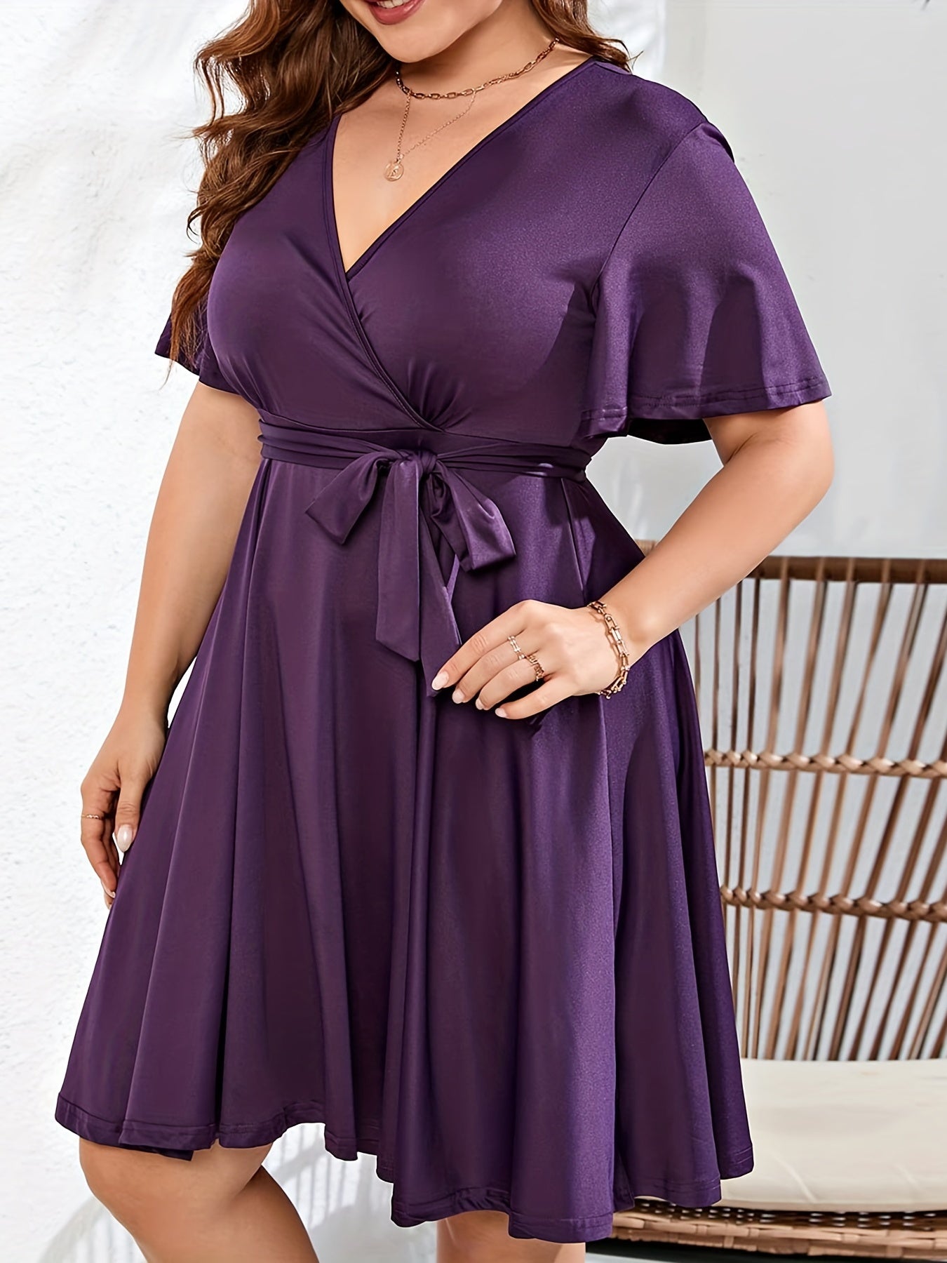 Solid Flutter Sleeve Stretch Midi Dress With Belt