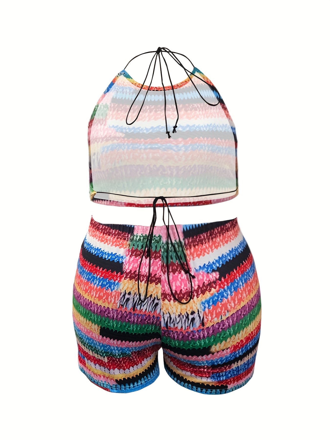Plus Size Striped Tie Front Halter Top & Shorts Set