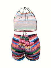 Plus Size Striped Tie Front Halter Top & Shorts Set