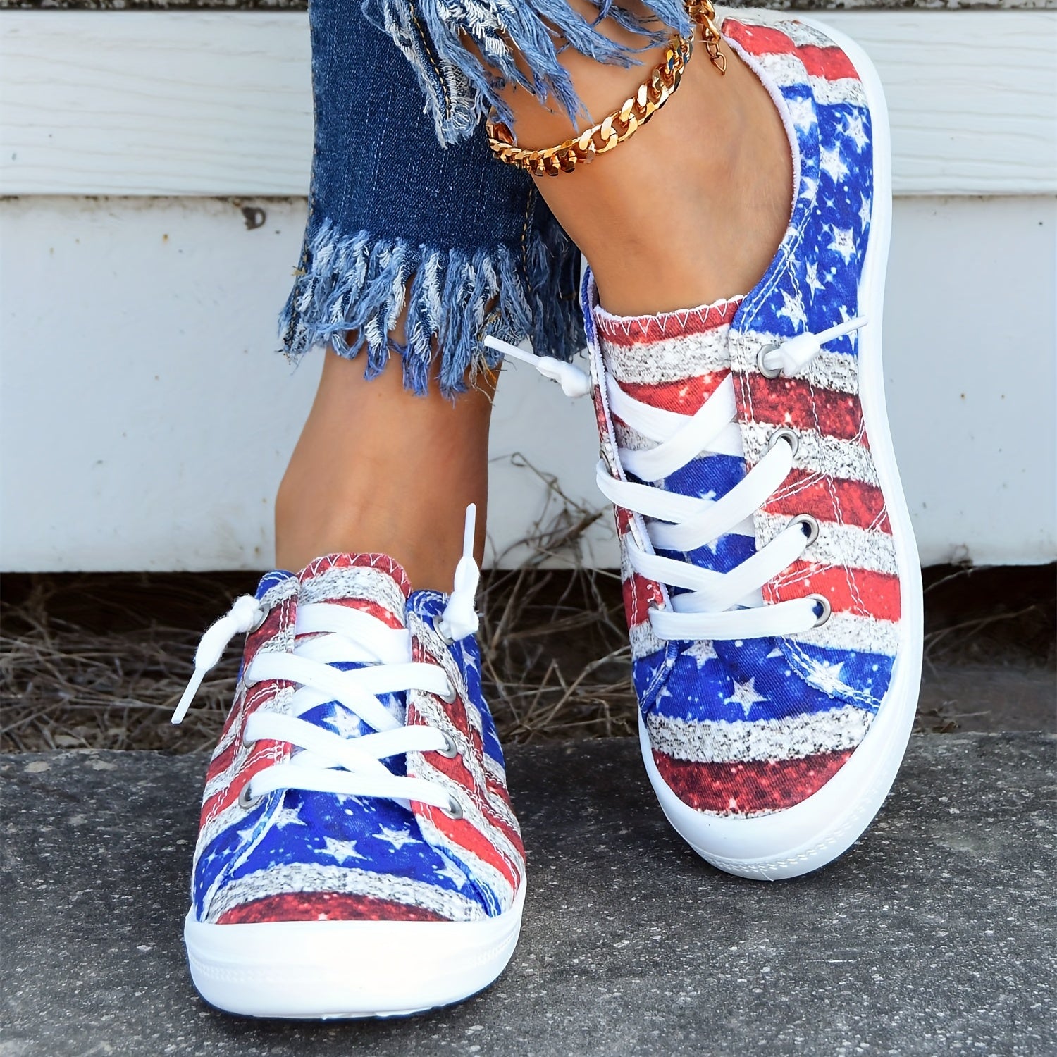 Women's Flag Pattern Canvas Shoes Low Top Sneakers for 4th of July