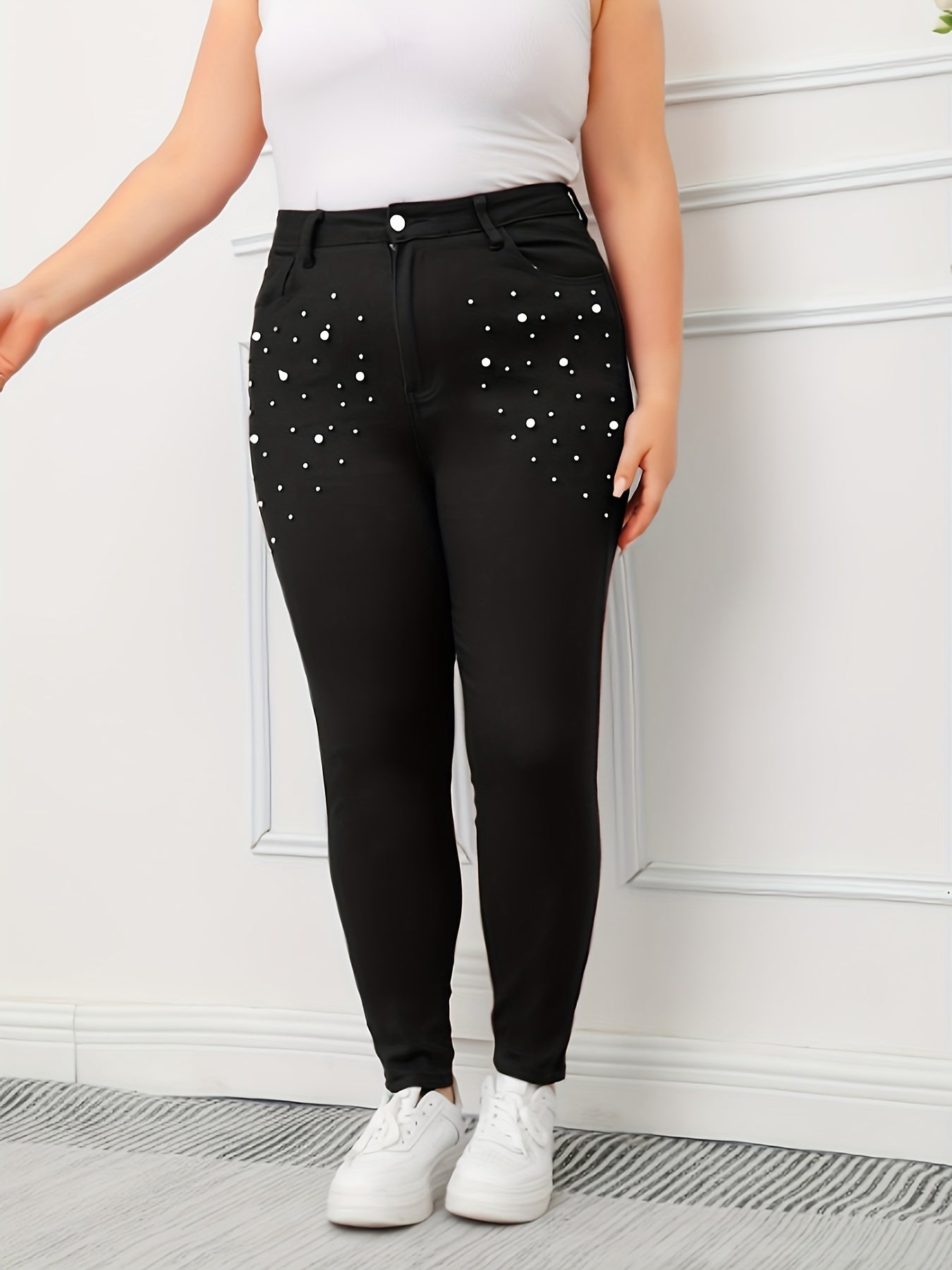 Women's Plus Pearl Button Slim Fit Denim Pants