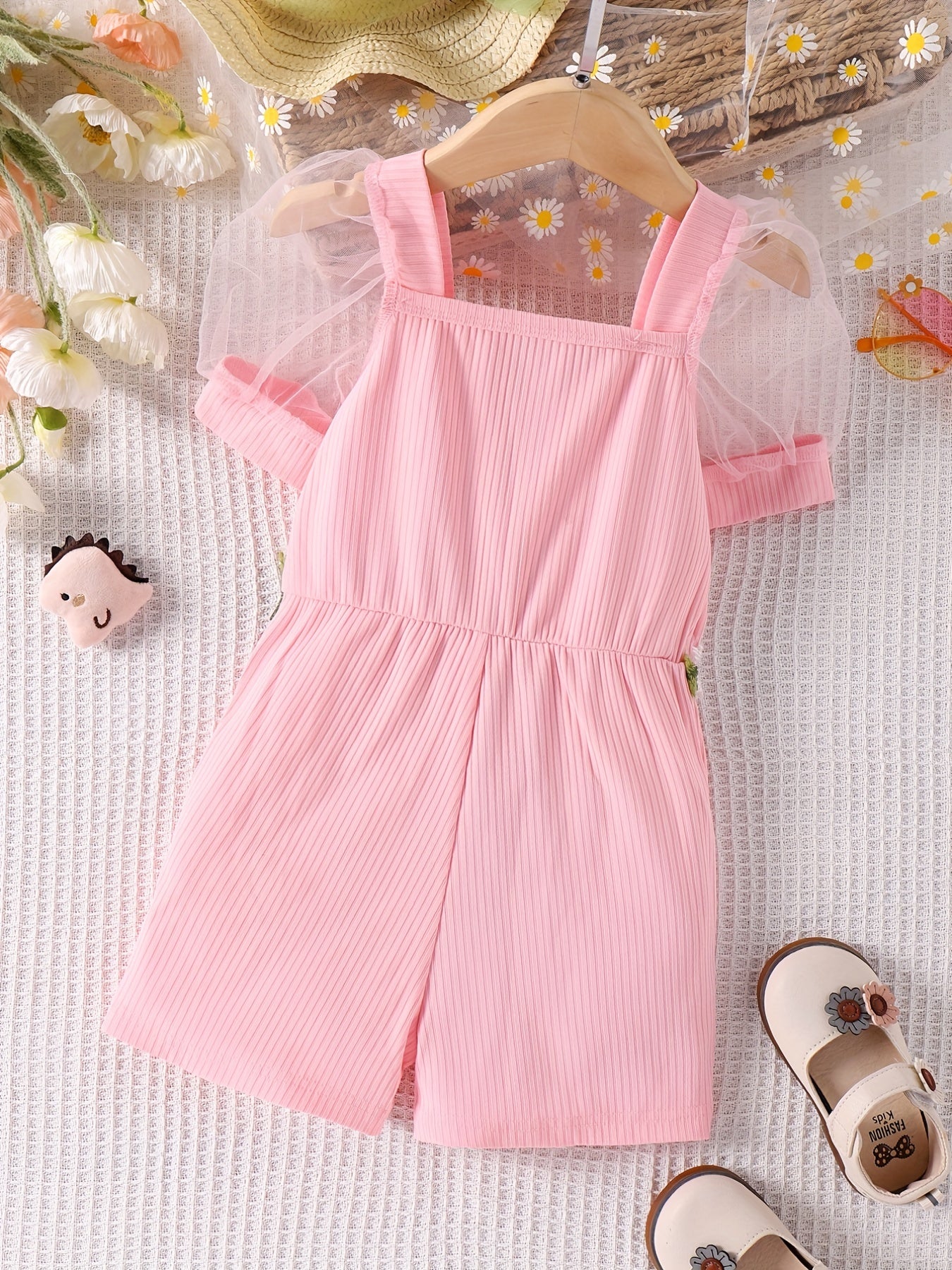 Floral Embroidered Waist Mesh Sleeves Romper Jumpsuit