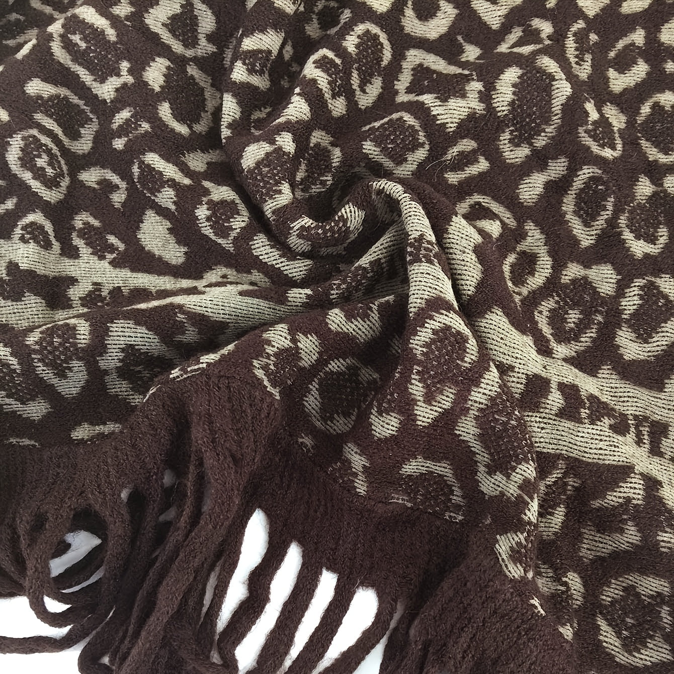 Leopard Print Dark Shawl Blanket Scarf Fur Collar Cashmere Winter Warm Tassel