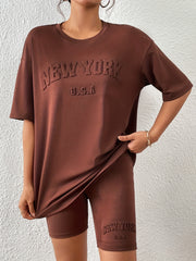 Letter Textured Two-piece Set Casual Half Sleeve T-shirt & Skinny Shorts