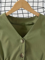 Girls V Neck Button Down Tunic Dress With Pockets