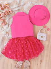 Girls 3pcs Lapel Vest Top & Mesh Tutu Skirt & Hat Summer Set