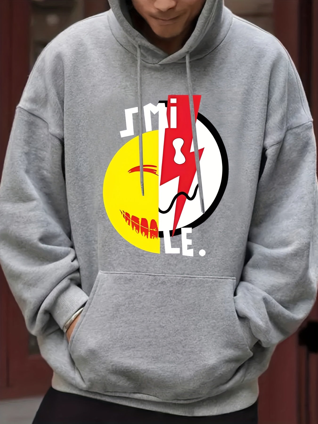Men's Smile Face Print Hooded Sweatshirt Long Sleeve Drawstrings