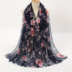Vintage Voile Flower Print Scarf Classic Windproof Shawl Head Wrap