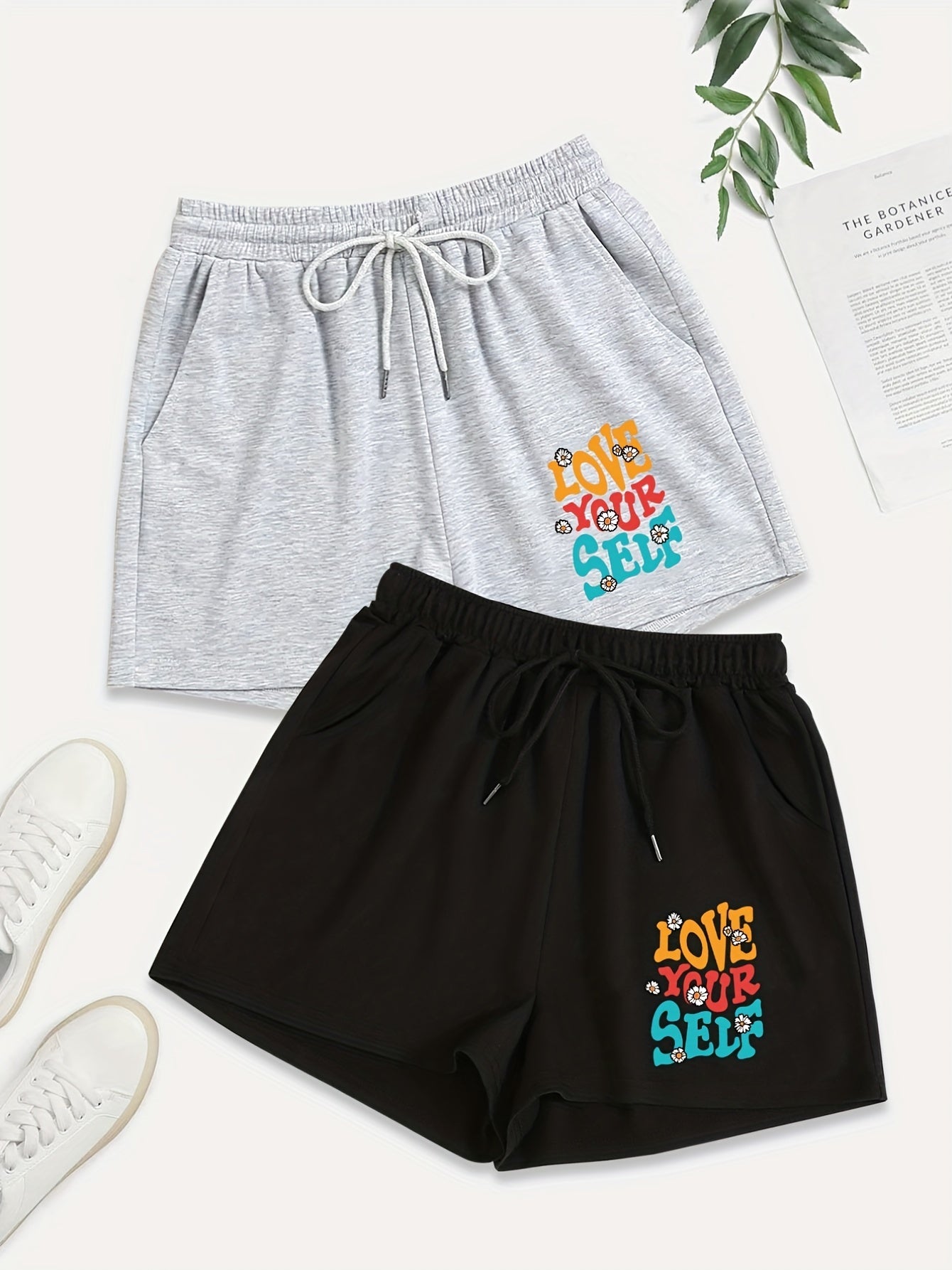 2 Pack Women's Plus Sporty Shorts Set Slogan & Daisy Print