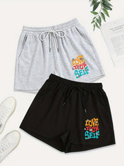 2 Pack Women's Plus Sporty Shorts Set Slogan & Daisy Print