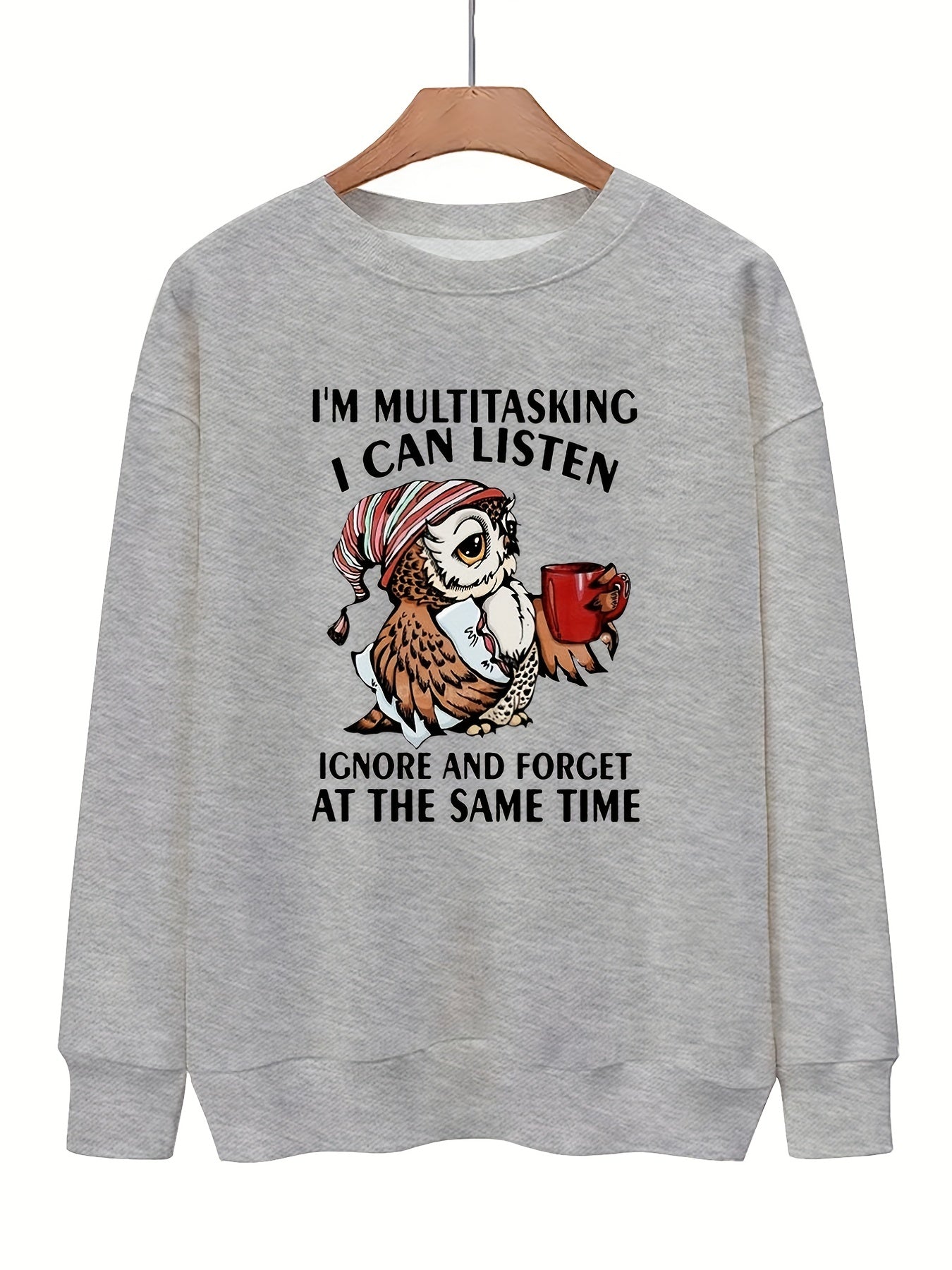 Owl & Letter Print Pullover Sweatshirt for Women