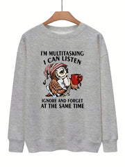Owl & Letter Print Pullover Sweatshirt for Women