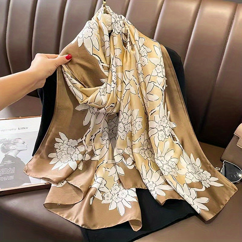 Flower Print Satin Scarf Silk Long Shawl Windproof Head Wraps