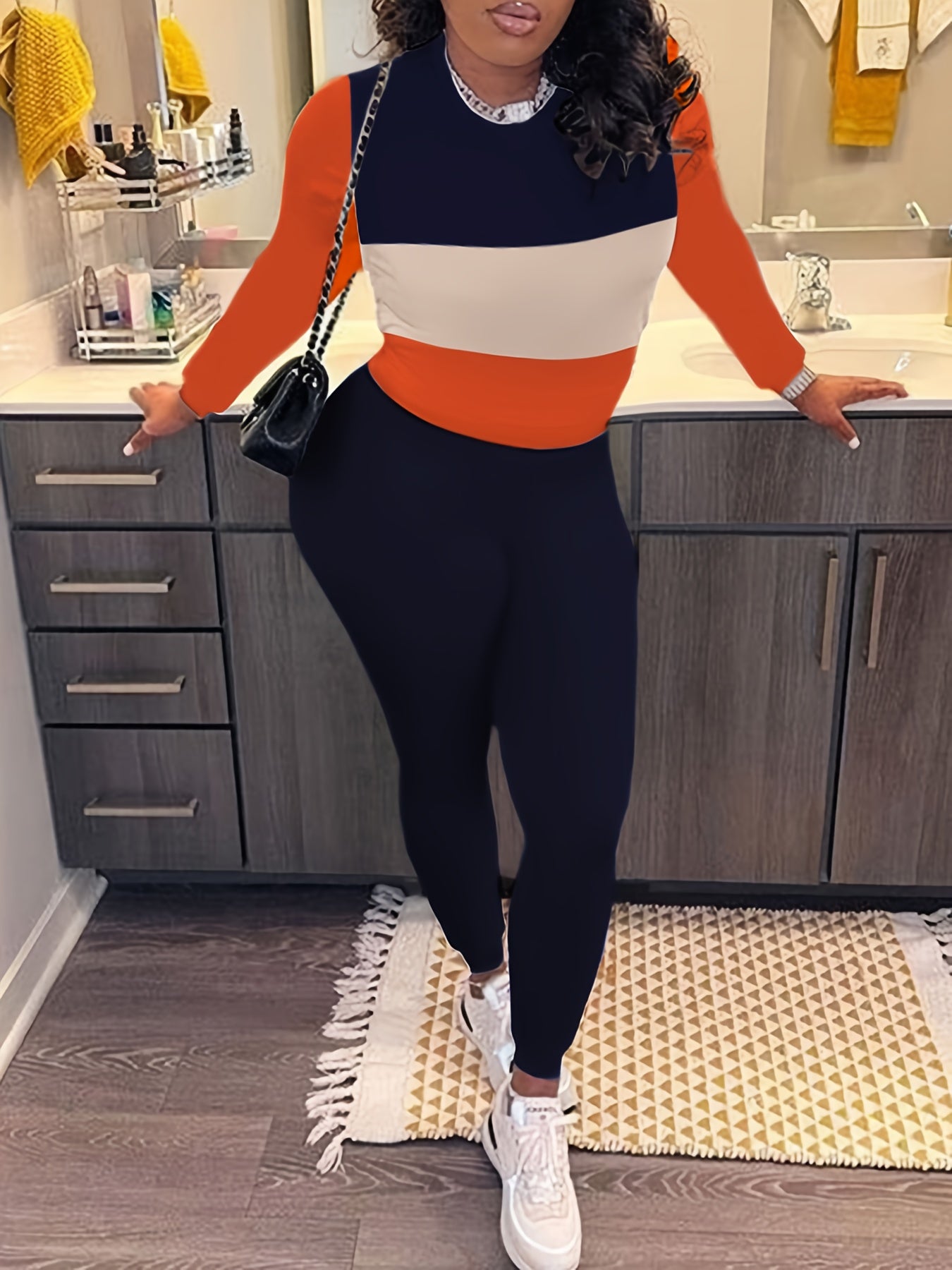 Casual Two piece Set Block Long Sleeve T shirt & Skinny Pants