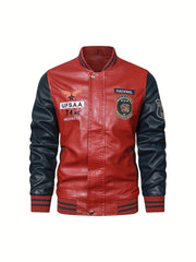 Men's Casual Zipper Baseball Collar PU Leather Jacket
