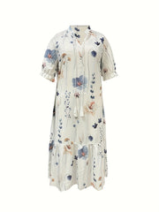 Boho Dress Women's Plus Leaf & Stripe Print Maxi Smock Dress