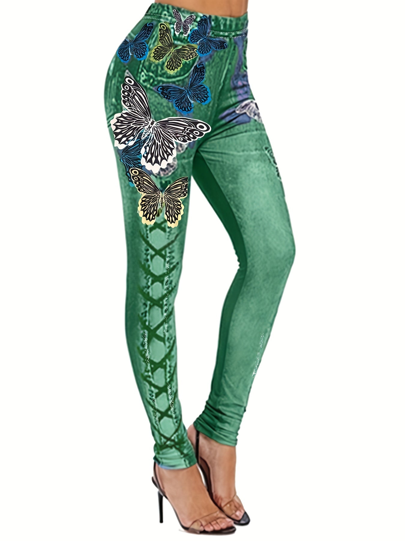 Butterfly & Denim Print Skinny Leggings Women's Casual Leggings C