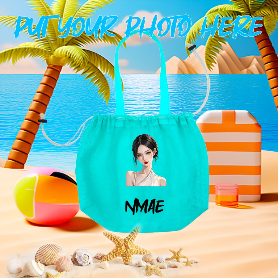 Custom Photo Beach Bag Pink Green Mesh Tote Ergonomic Strap