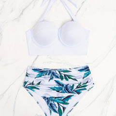 Bikini Set Solid Molded Cup Halter Bra & Ruched Panty Swimsuit