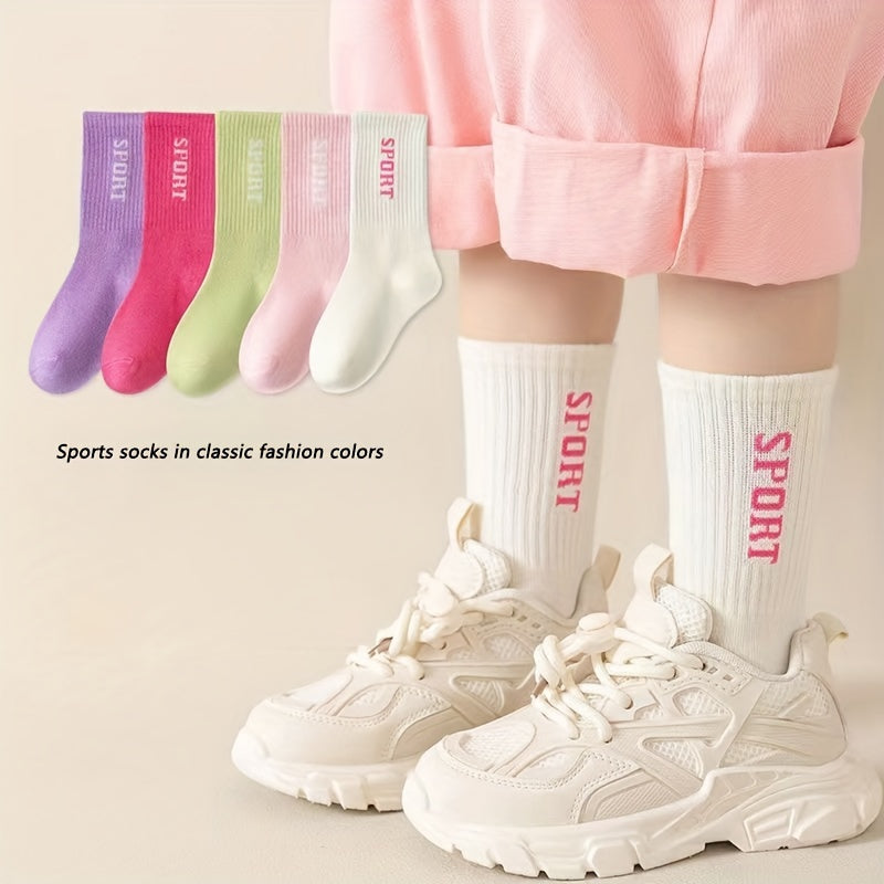 5 Pairs Girl's Letter Pattern Knitted Socks Breathable Crew Socks