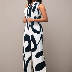 Abstract Print Button Front Jumpsuit Sleeveless Wide Leg Jumpsuit