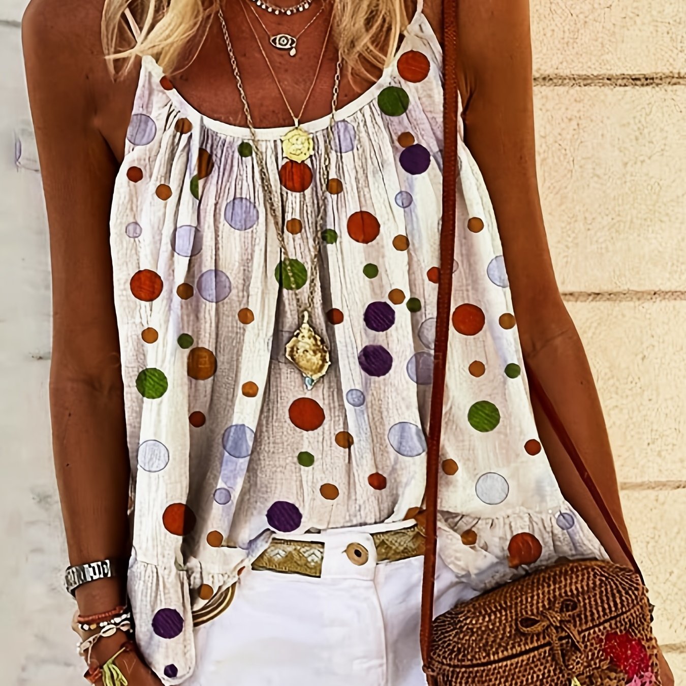 Polka Dot Cami Top Sleeveless Crew Neck Spaghetti Strap