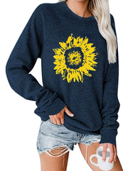 Sunflower Print Crew Neck Pullover Casual Loose Long Sleeve Sweatshirt