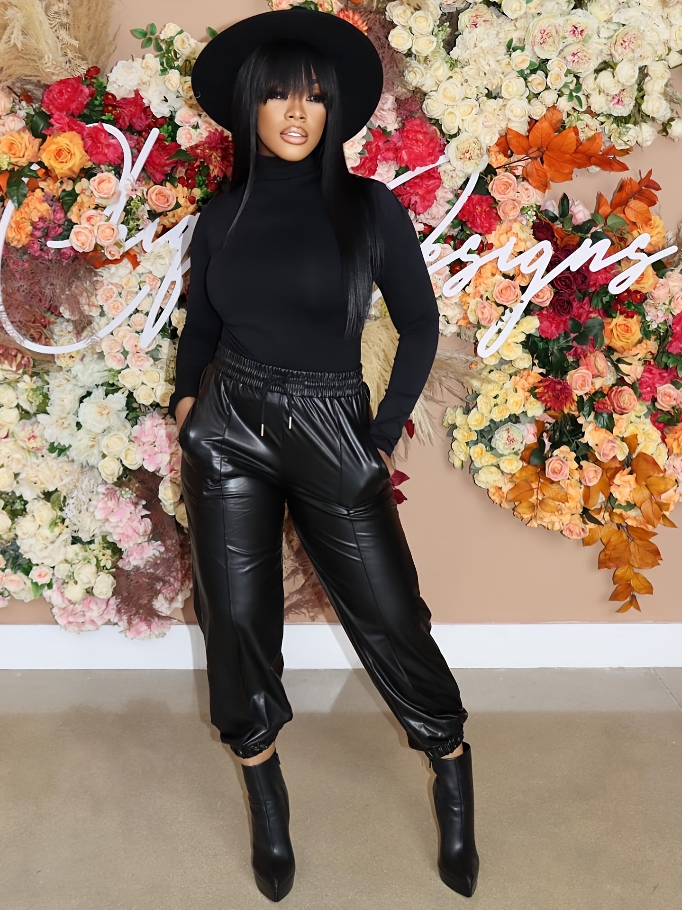 PU Leather Drawstring Pants Elastic Waist Cropped Pants