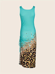 Leopard Print Drawstring Dress Sexy Crew Neck Sleeveless Maxi Dress