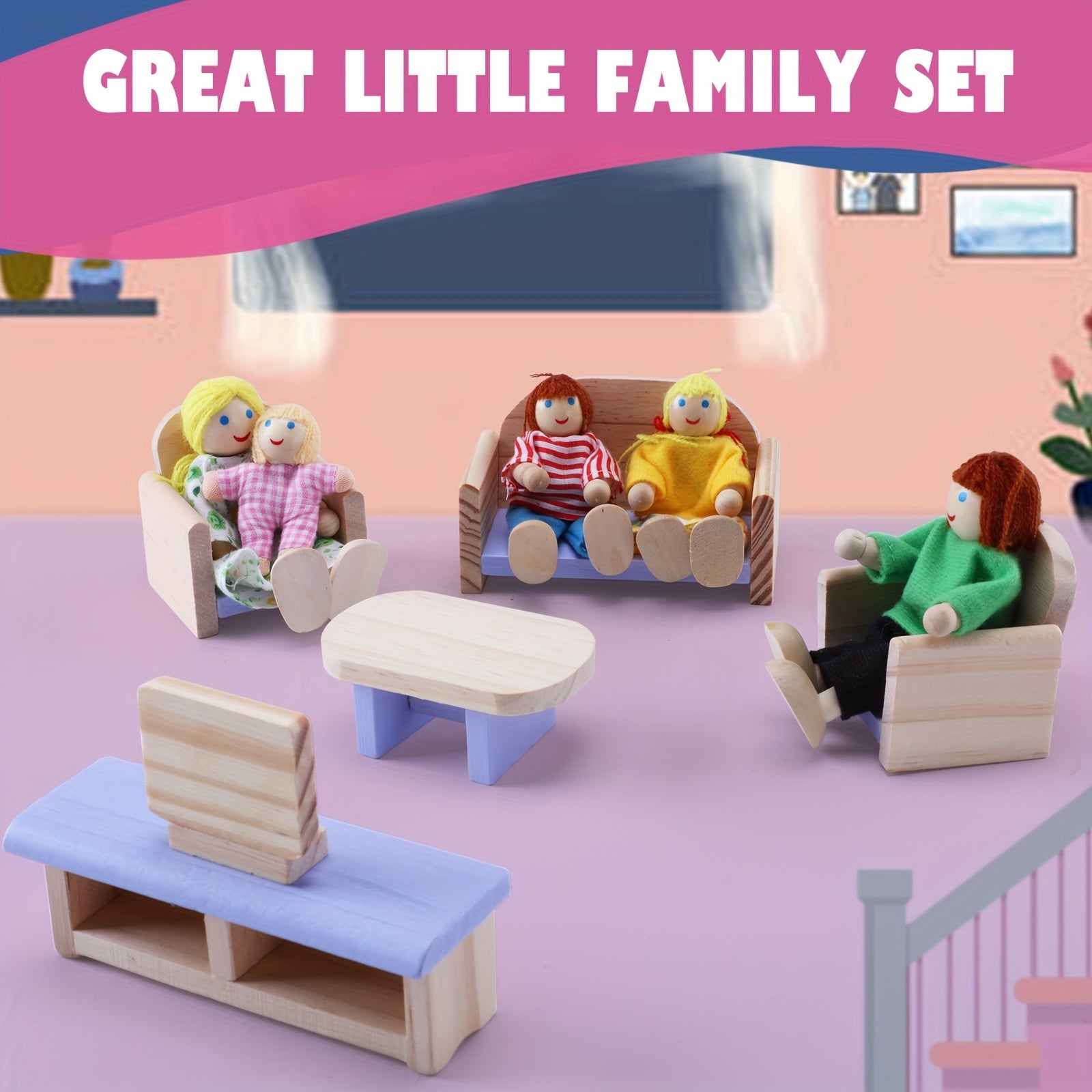 Wooden Dollhouse Family Set with Realistic Clothes for Kids Pretend Play