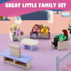 Wooden Dollhouse Family Set with Realistic Clothes for Kids Pretend Play
