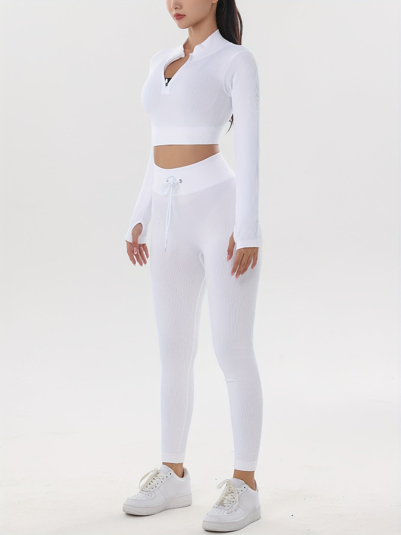 Ribbed Yoga Sports Set Long Sleeve Crop Top & Leggings