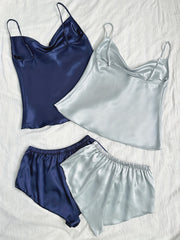 Solid Satin Pajama Set Draped Collar Cami Top & Shorts