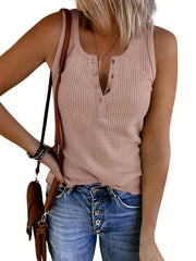 Ribbed Button Tank Top Sleeveless V Neck Casual Top