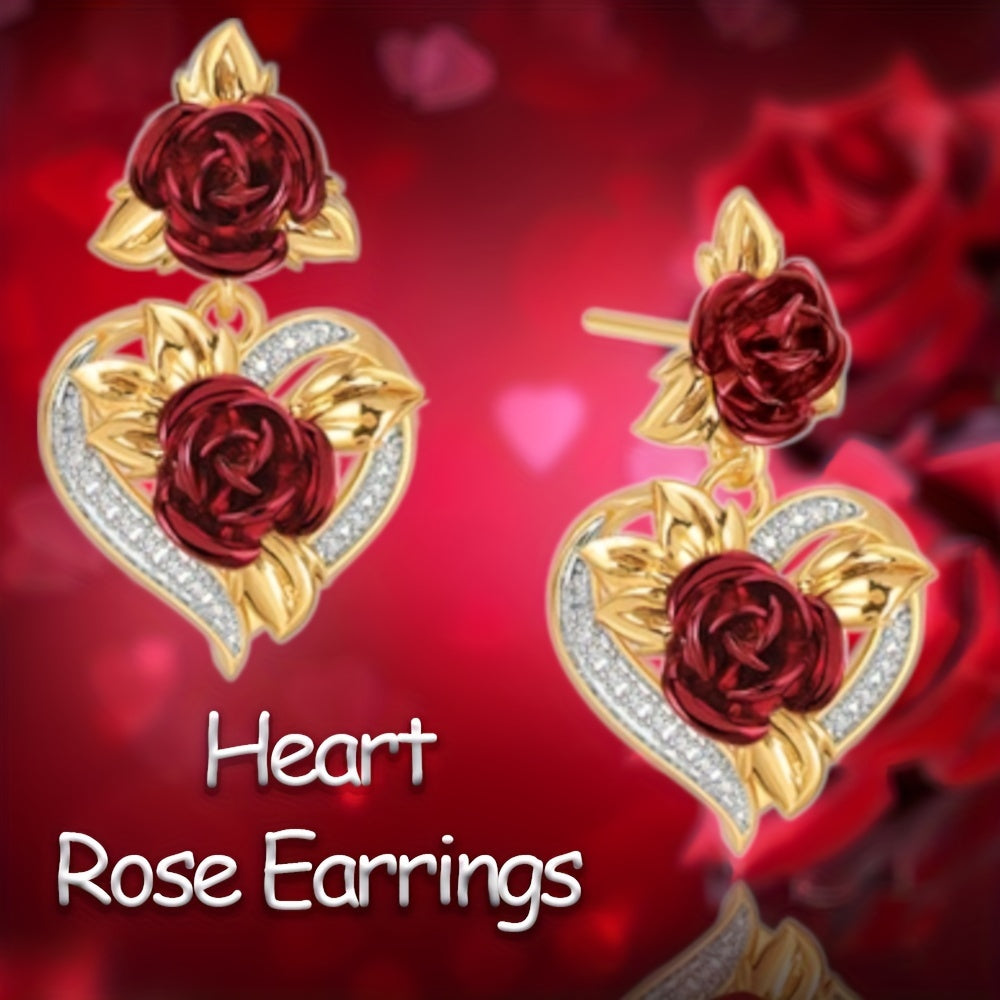 Heart Rose Flower Stud Earrings Rhinestone Decor