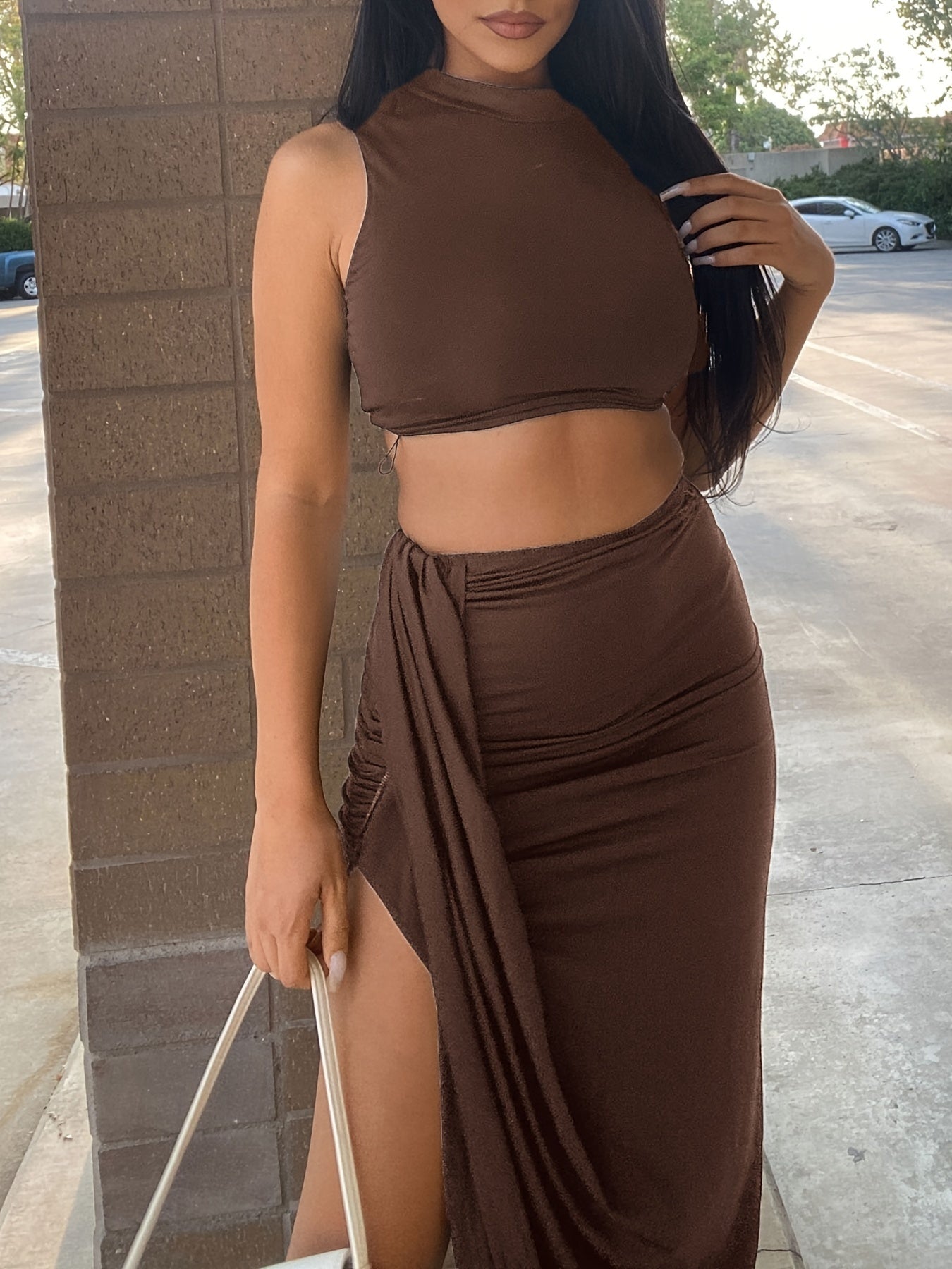 Crop Tank Top & Ruched Split Front Skirt Set Women's Outfit